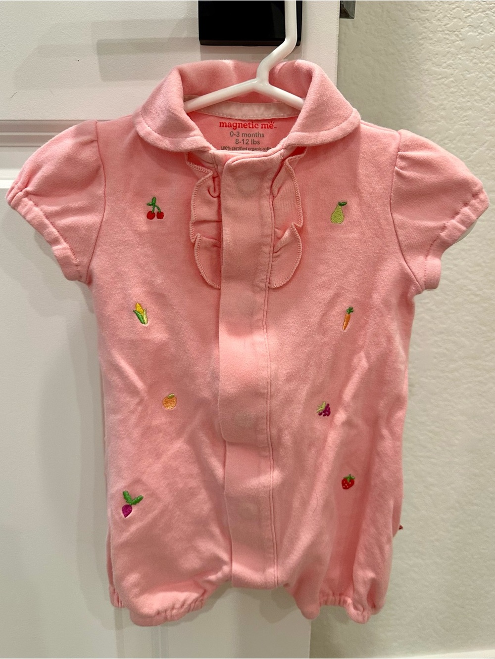 Magnetic Me Pink Ruffle Collar Baby Romper with Fruit Embroidery